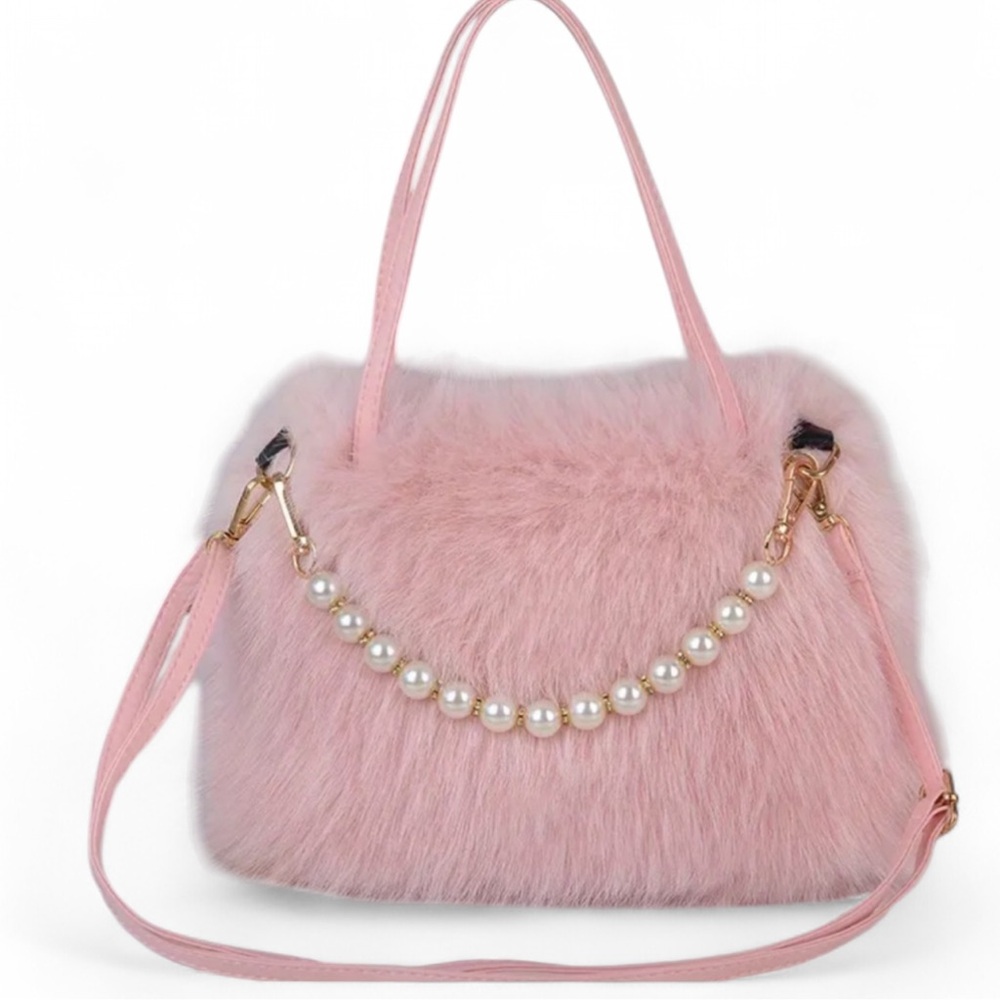 Pastel Pink Faux Fur Mini Bag Satchel Pearls Coquette Softgirl Lolita Cutegoth